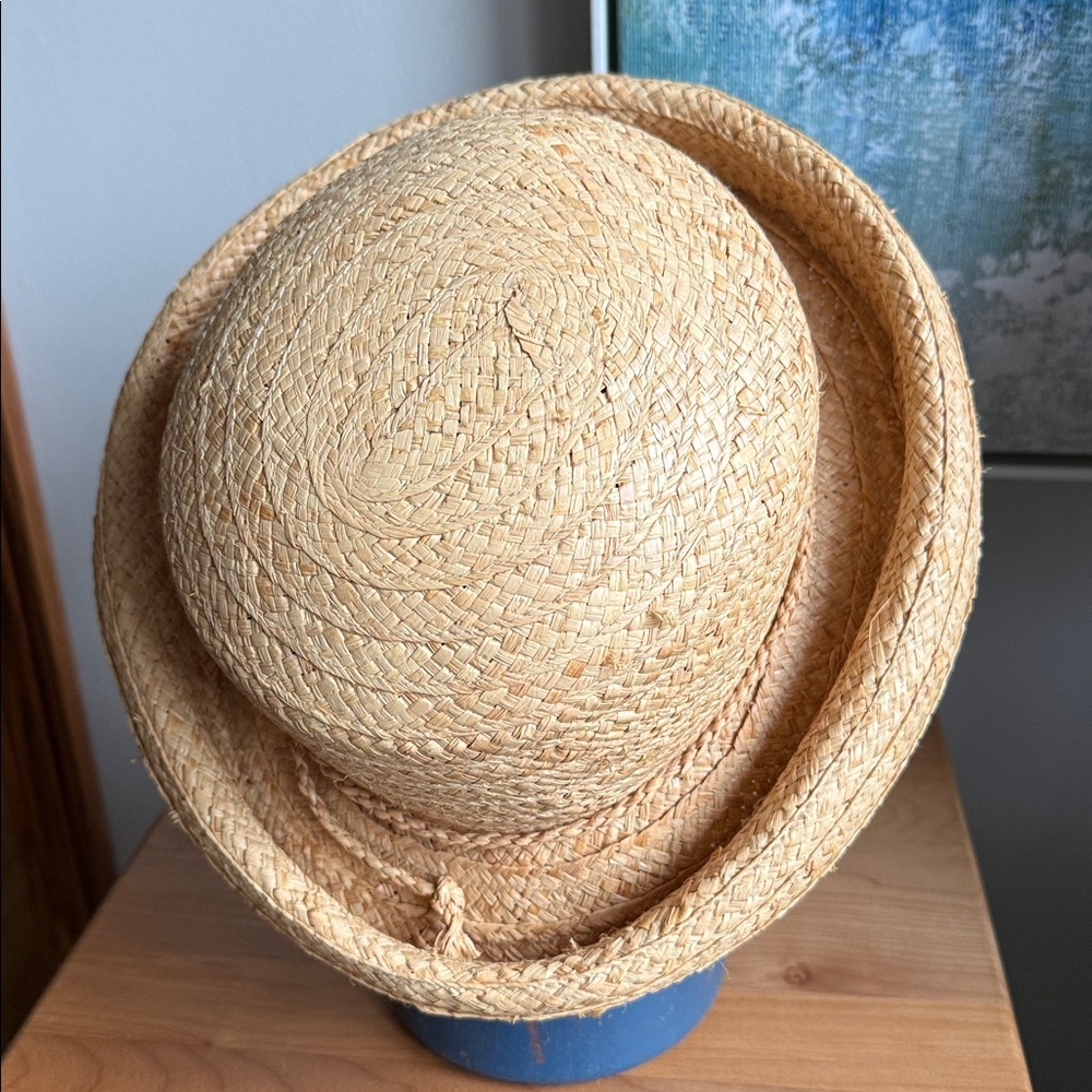 Vintage Liz Claiborne Straw Bowler Rolled Brim Hat Tan With Metal LC Brand Tag - Picture 4 of 17